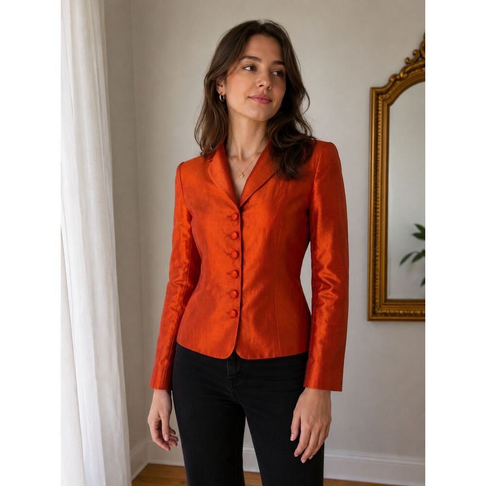 Vintage Saville 100% Silk Blazer Petite 8P Burnt Orange Copper Jacket Women's 8